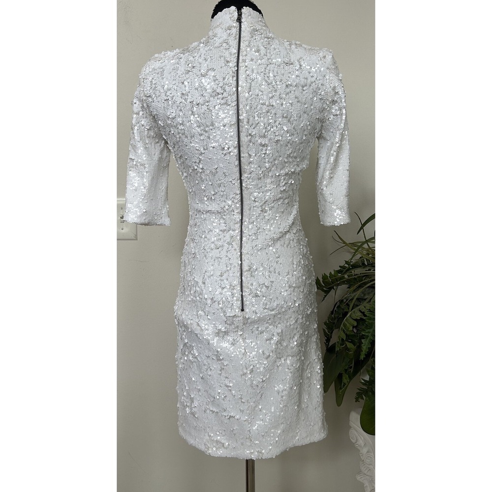 Alice + Olivia Inka White Sequin Stretch Mock Neck Dress Sz 6 - Picture 5 of 7